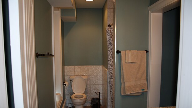 A compact bathroom with a toilet, a sink, and a shower curtain.
