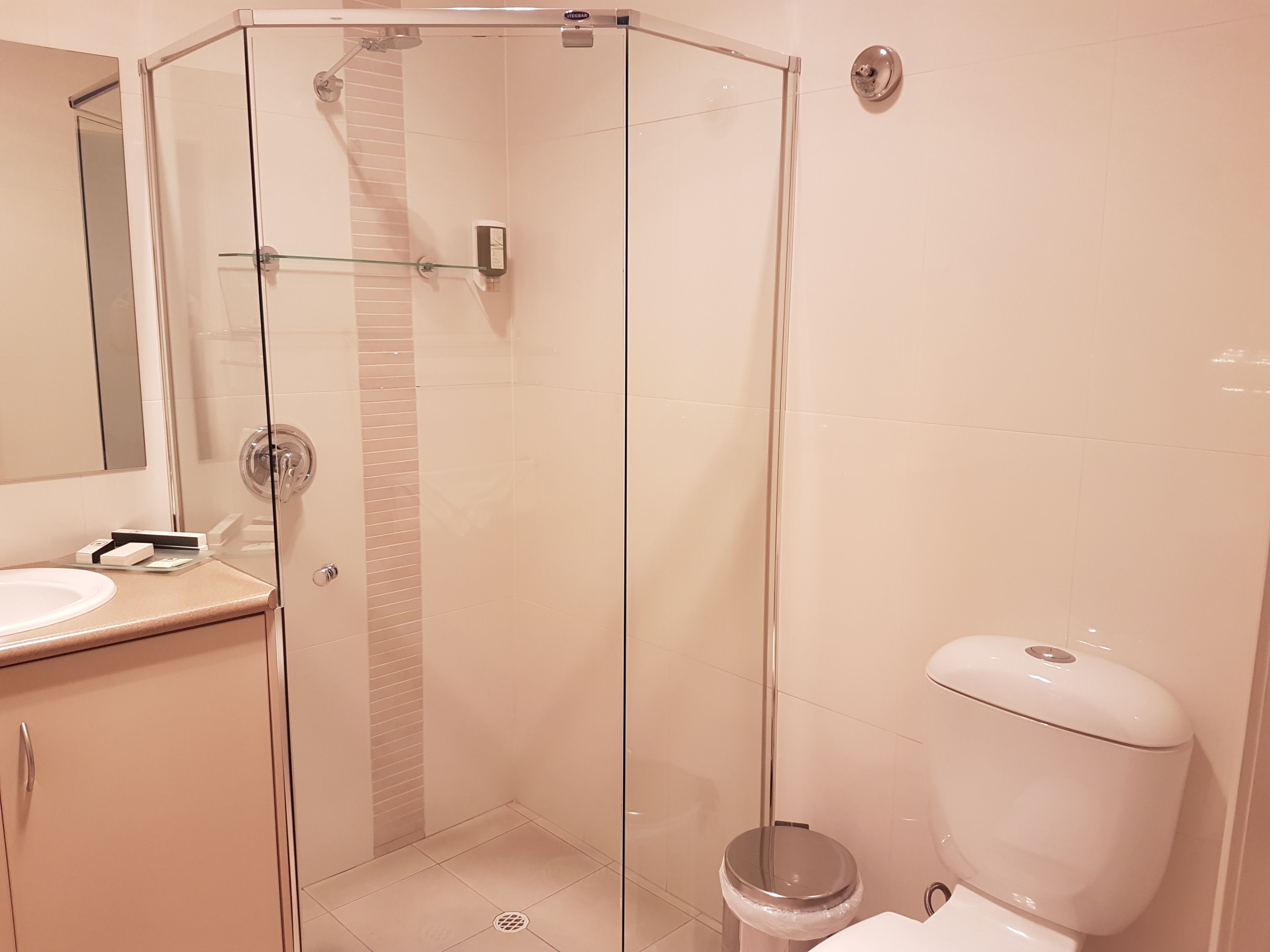 A modern bathroom with a glass-enclosed shower, a sink with a mirror, and a toilet.