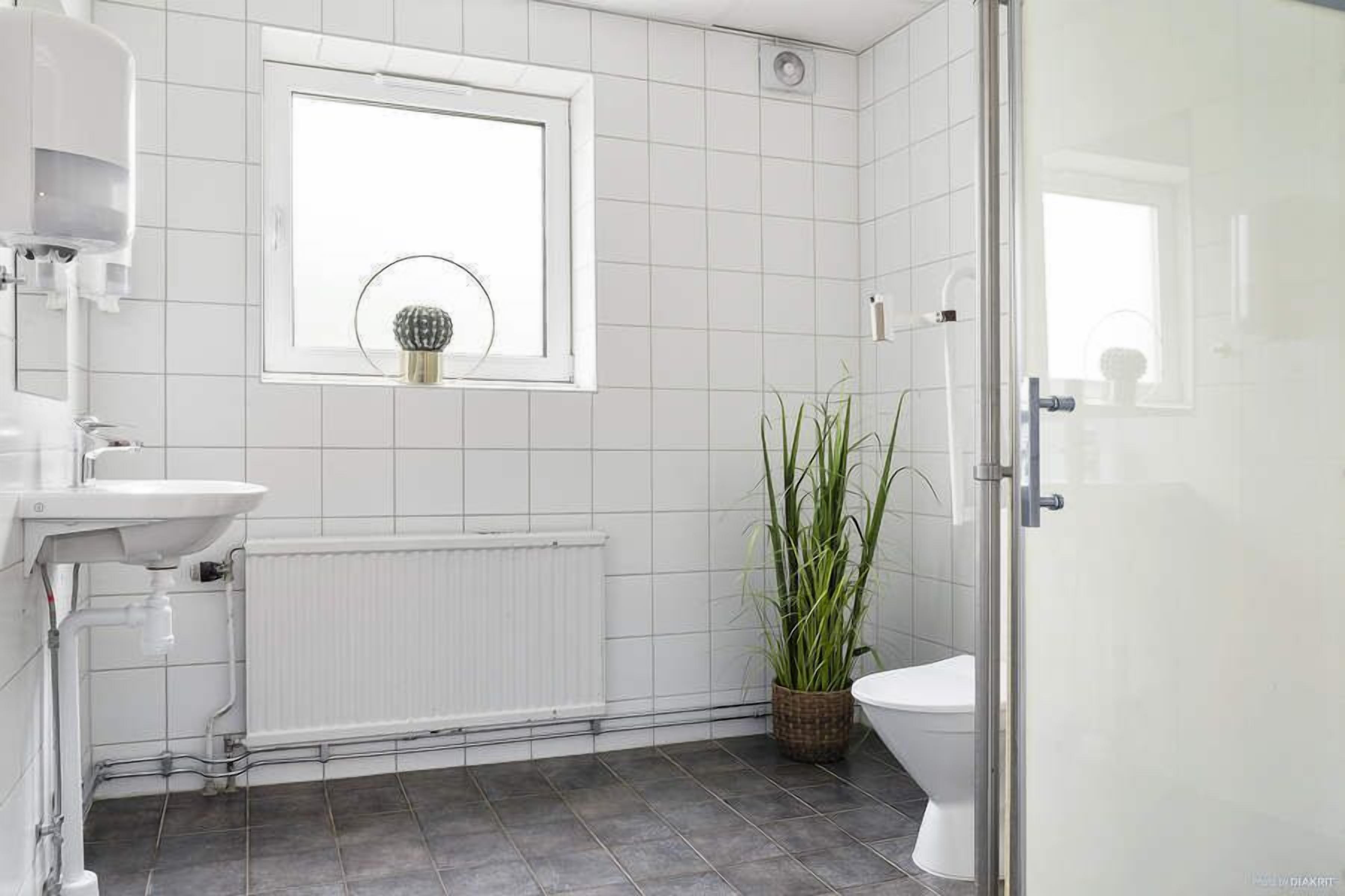 A bathroom with white tiles, a window with a plant, a toilet, and a radiator.