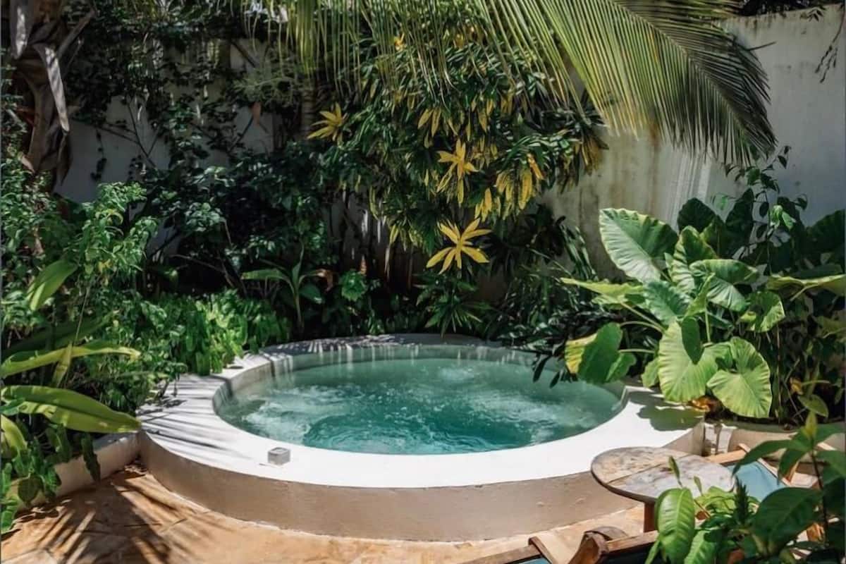 Ein Whirlpool, umgeben von üppiger tropischer Vegetation und einer Betonmauer.