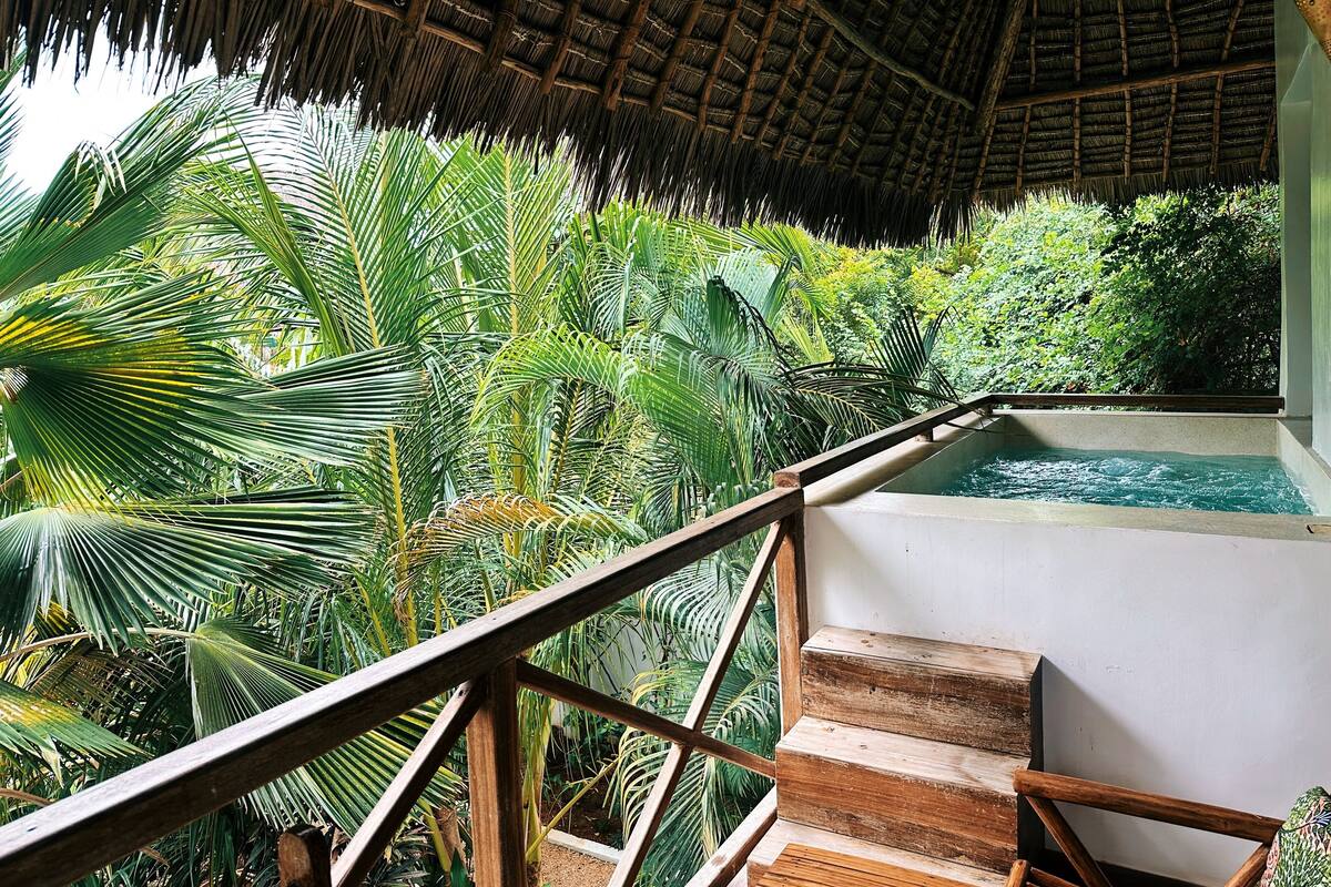 Eine Holztreppe führt zu einem Pool, der von üppiger tropischer Vegetation umgeben ist.