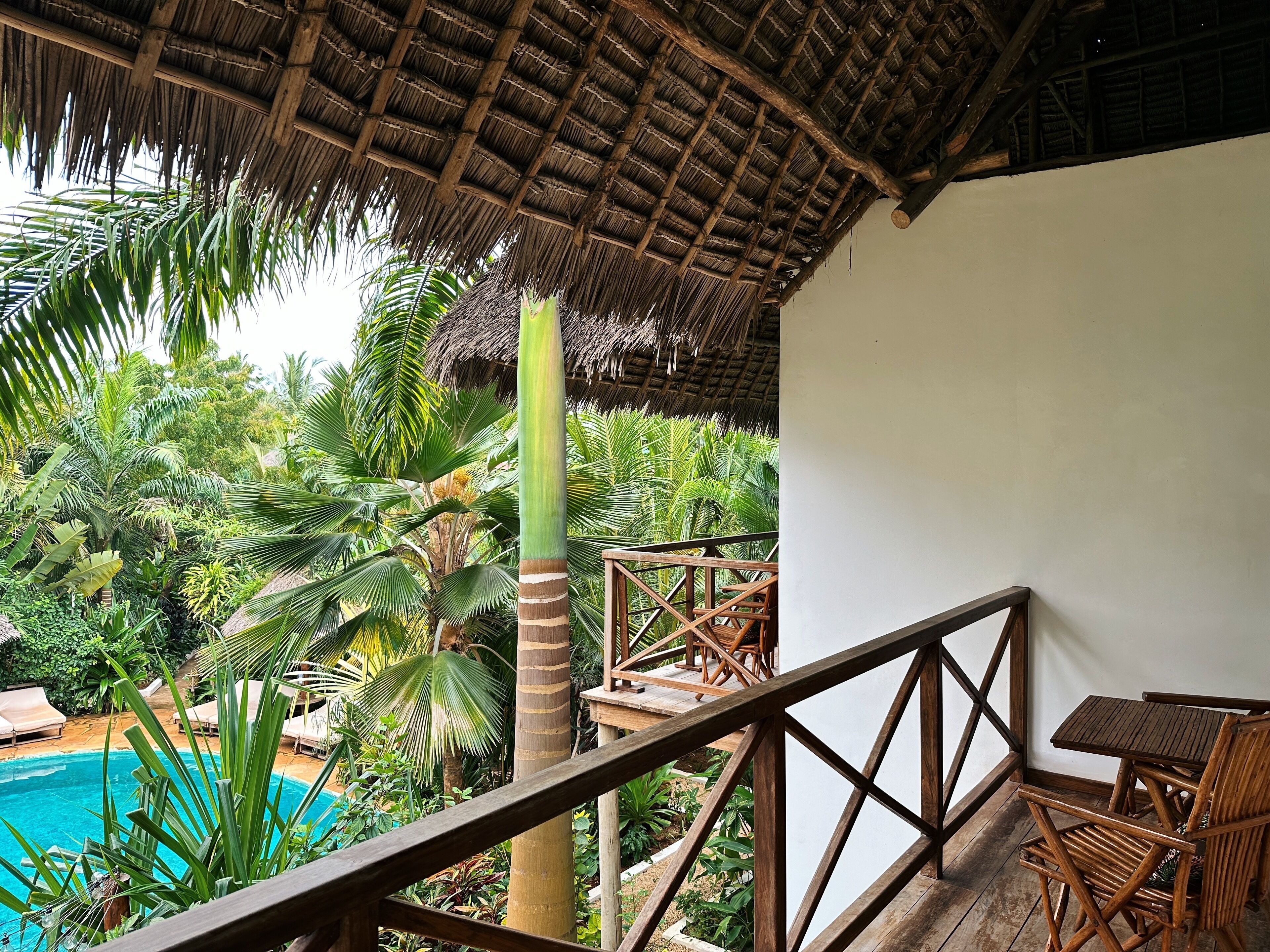 Una terraza de madera con techo de paja que da a una piscina y exuberante vegetación tropical.