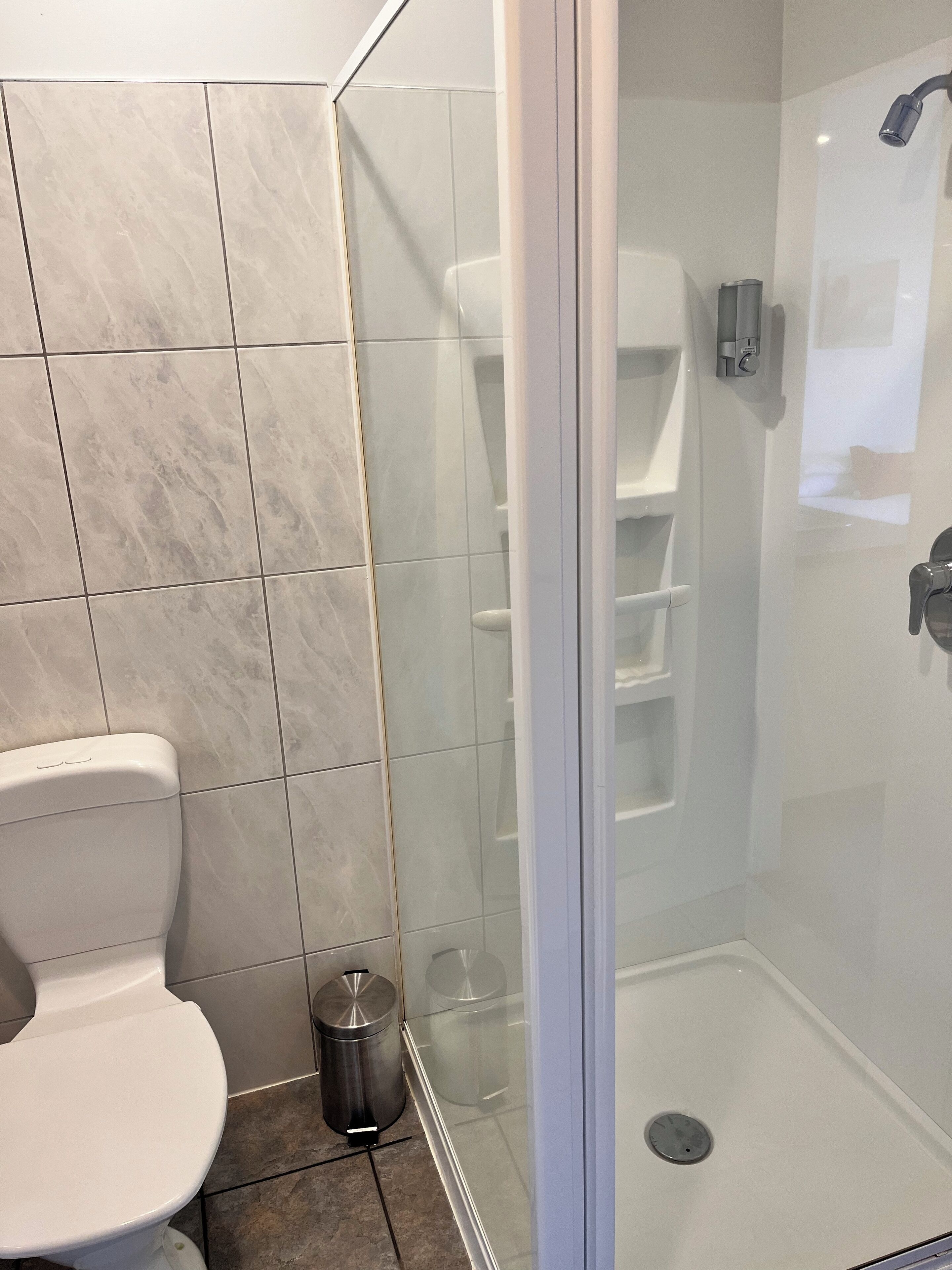 A modern bathroom with a glass-enclosed shower, a white toilet, and a trash can.