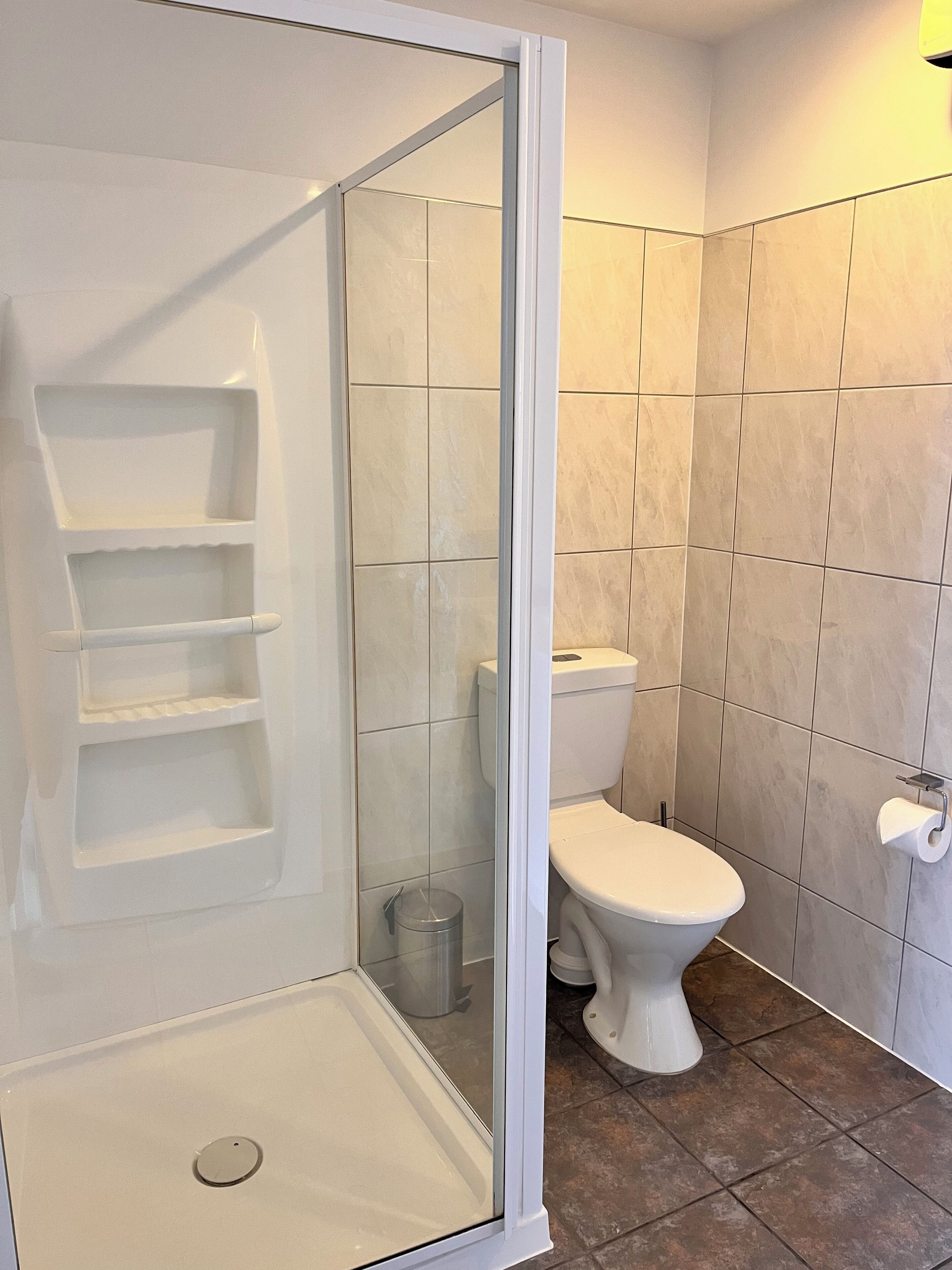 A bathroom with a glass-enclosed shower, a toilet, and a shelf unit.