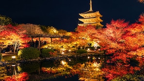 Una pagoda japonesa tradicional reflejada en un estanque, rodeada de follaje otoñal.
