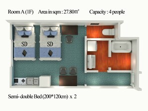 Una habitación con cama de tamaño grande, baño pequeño y zona de estar.
