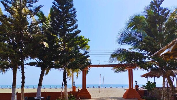 A beachside patio with palm trees, outdoor seating, and a view of the beach. - Divine Eco Resort (Cox's Bazar)