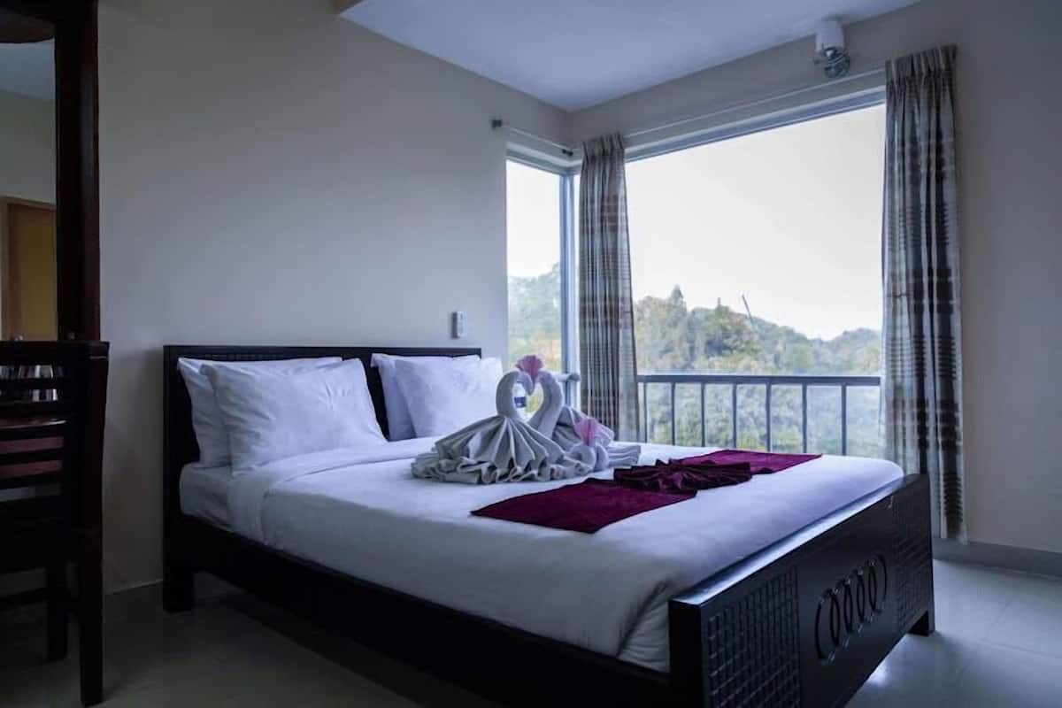 A hotel room with a large bed, a view of the outdoors, and a balcony.