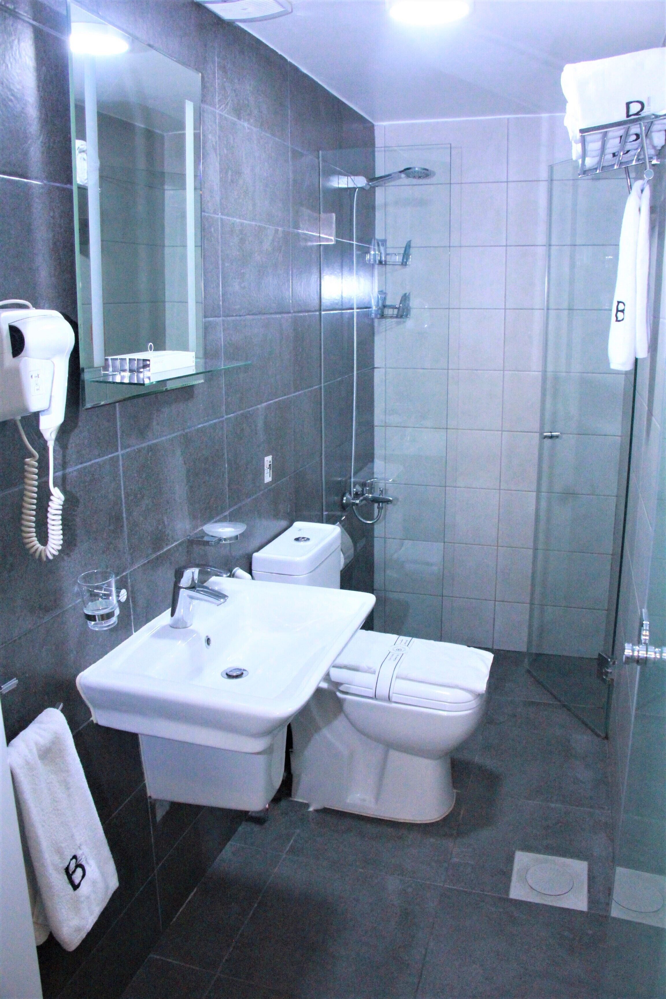 Casa de banho com sanita, lavatório e chuveiro. Secador de cabelo na parede e um porta-toalhas com uma toalha.