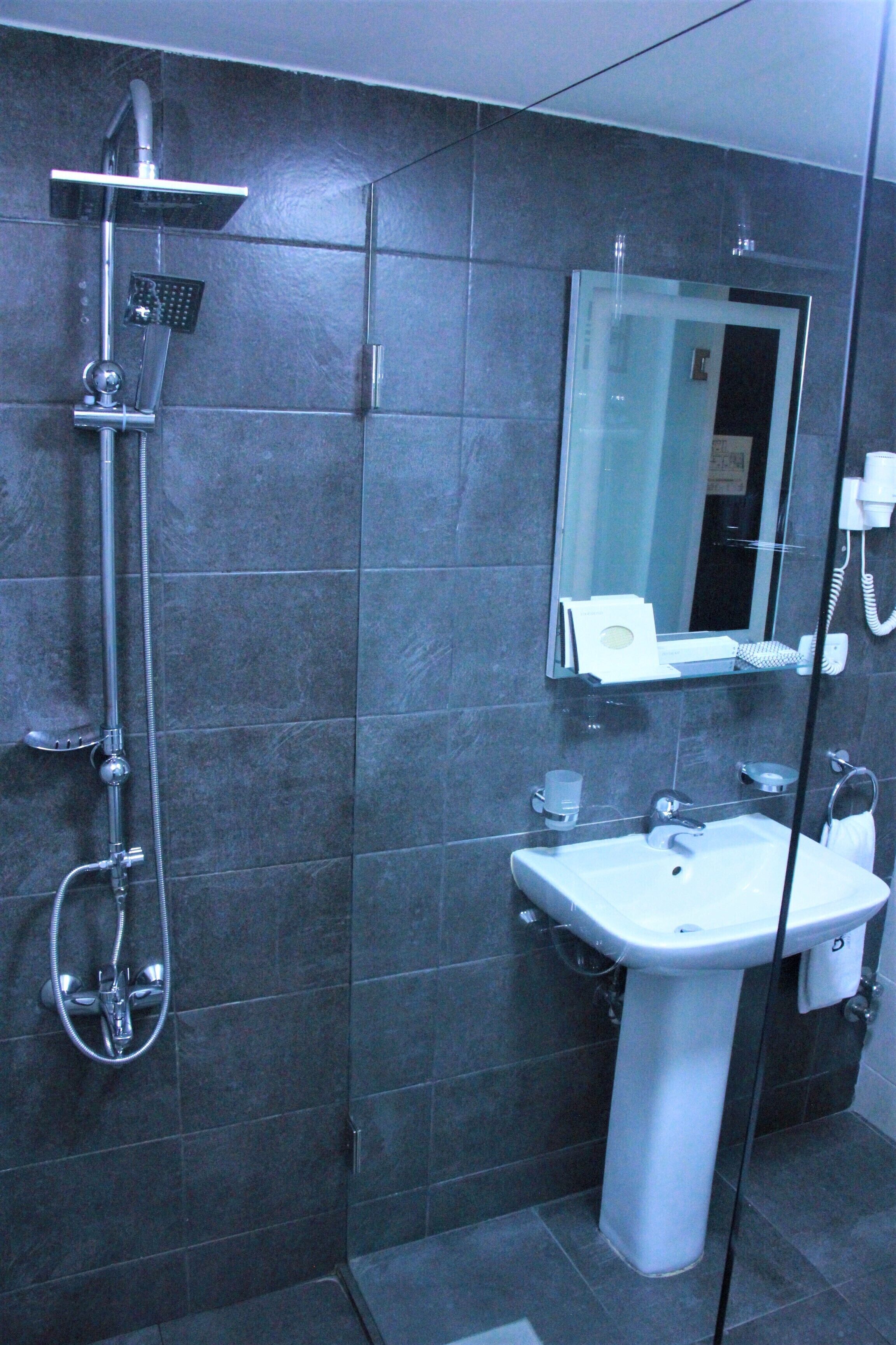 Un baño moderno con ducha de vidrio, un lavamanos pedestal blanco y un espejo sobre el lavamanos.