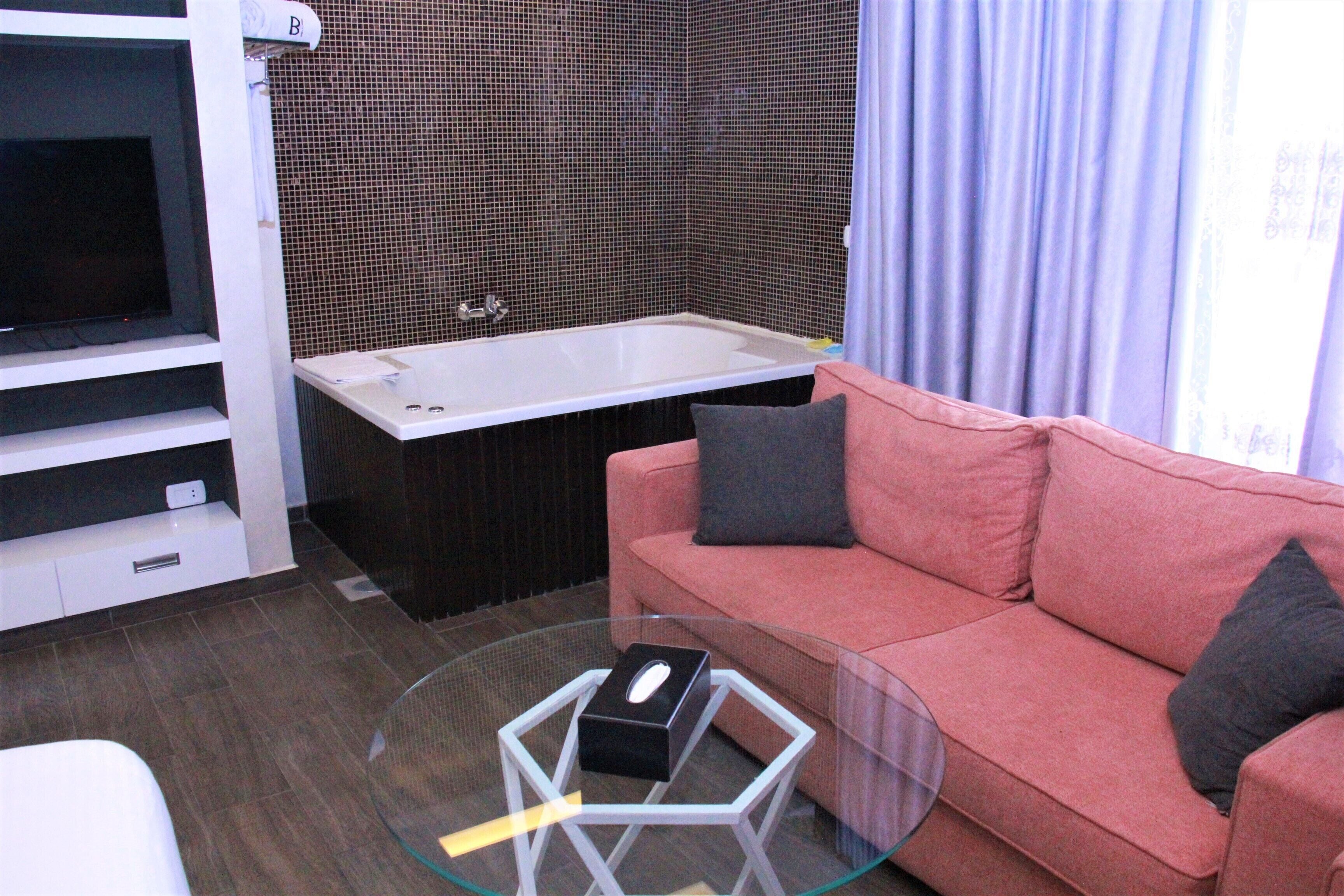 signature suite (beverly) | living area | 43-inch smart tv with satellite channels, tv, dvd player