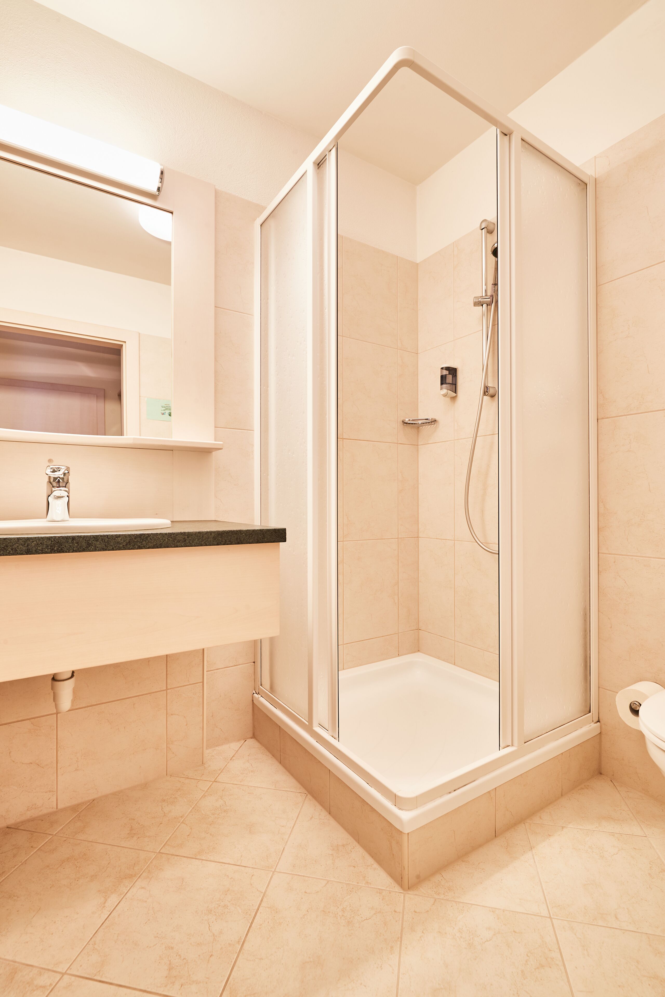 Ein modernes Badezimmer mit einer gläsernen Duschkabine, einem Waschbecken mit Ablagefläche und einer Toilette.