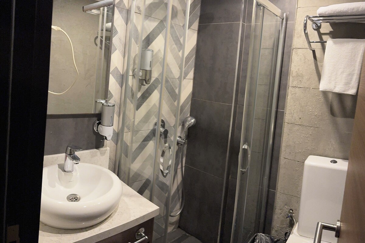 A modern bathroom with a glass shower enclosure, a sink, and a toilet.