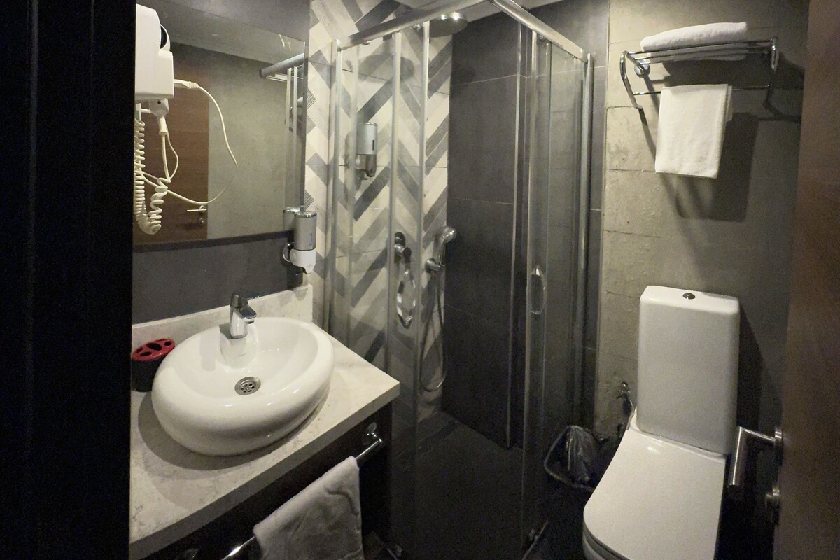 A modern bathroom with a glass-enclosed shower, a white sink, and a toilet.
