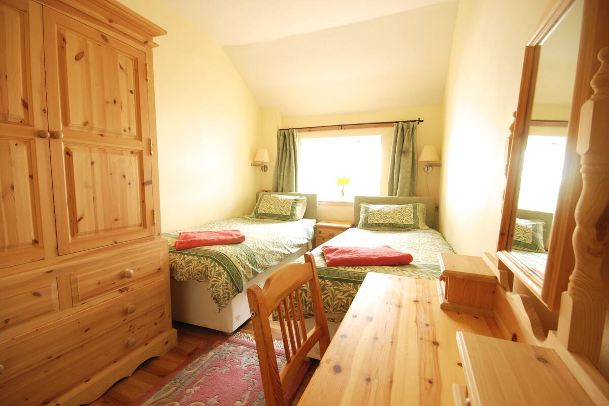 A bedroom with two beds, a wooden dresser, a table, and a mirror.