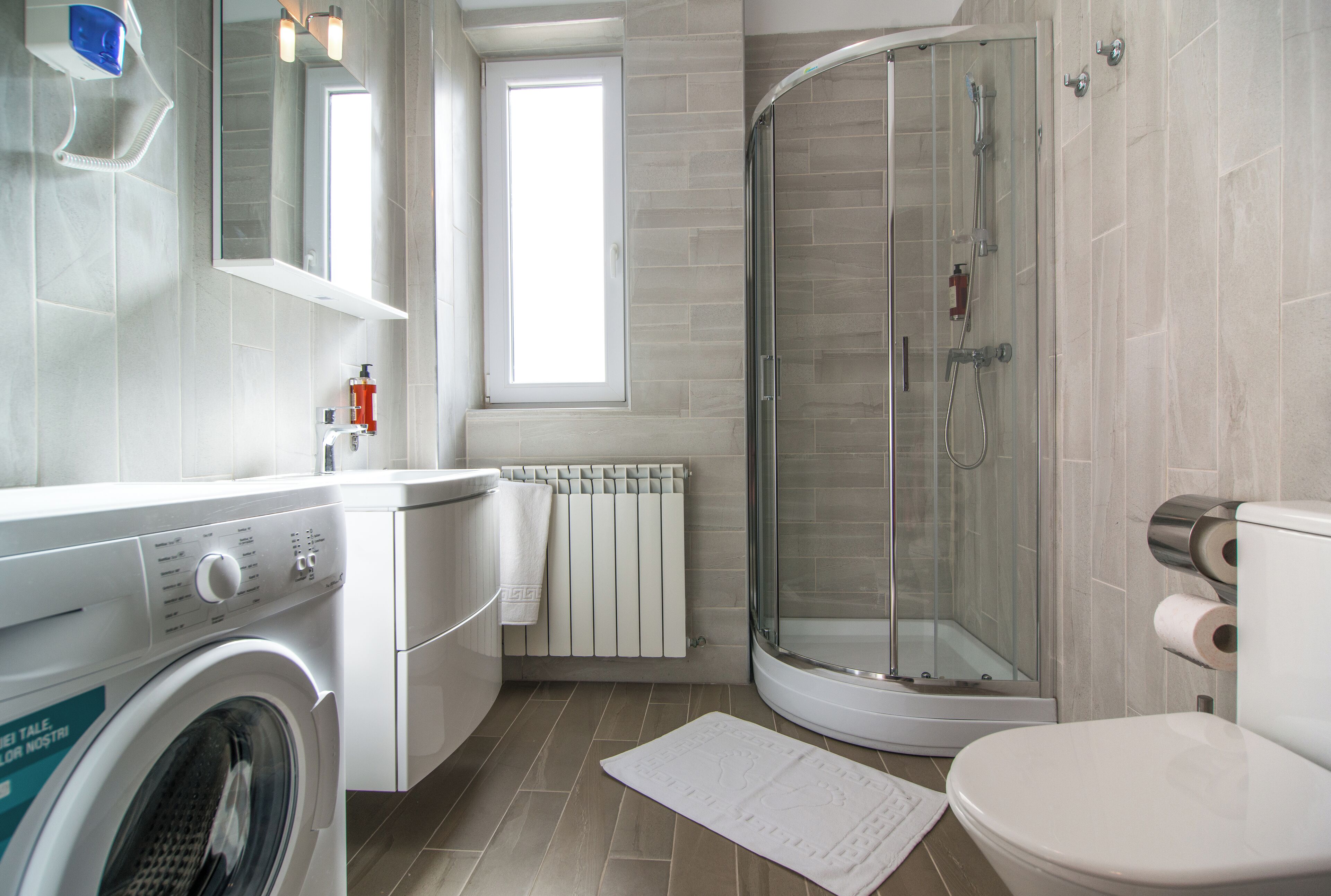 shower, slippers, towels