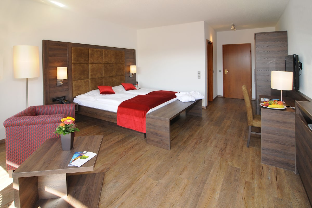 A hotel room with a bed, a desk, a chair, a TV, and a door.