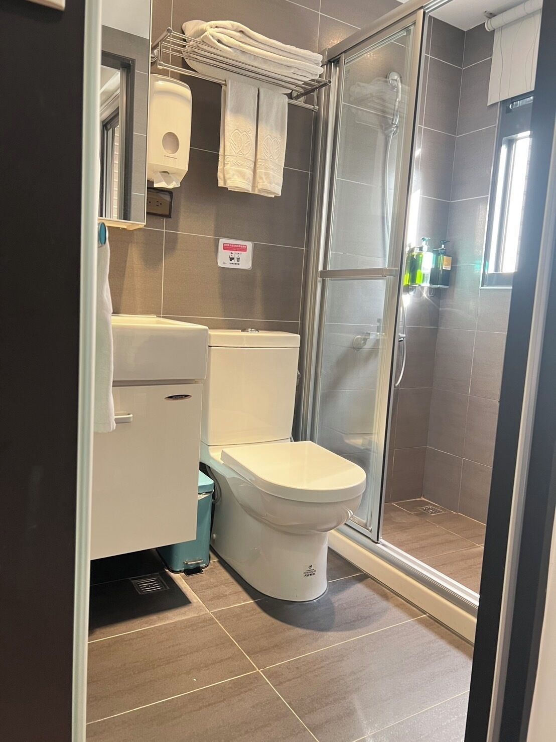 A modern bathroom with a toilet, a glass shower enclosure, and a towel rack.