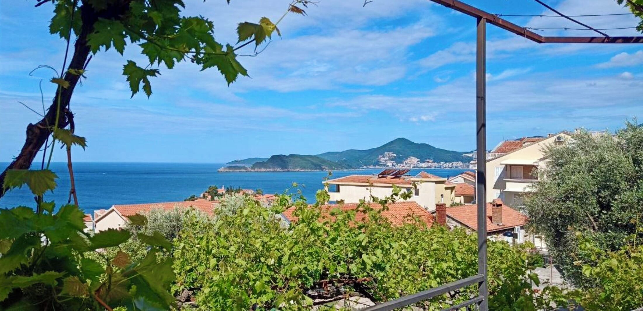 Eine Küstenstadt mit Gebäuden, einem Weinberg und Blick auf das Meer und einen Berg.