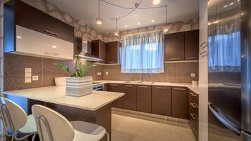 Villa, 3 Bedrooms, Private Pool (Dafni) | Private kitchen | Full-size fridge, microwave, oven, stovetop