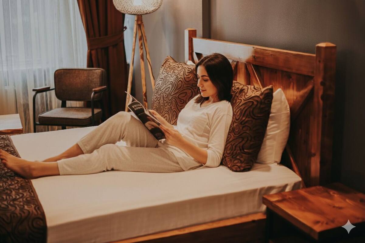 A person lying on a bed with a wooden headboard, reading a book.