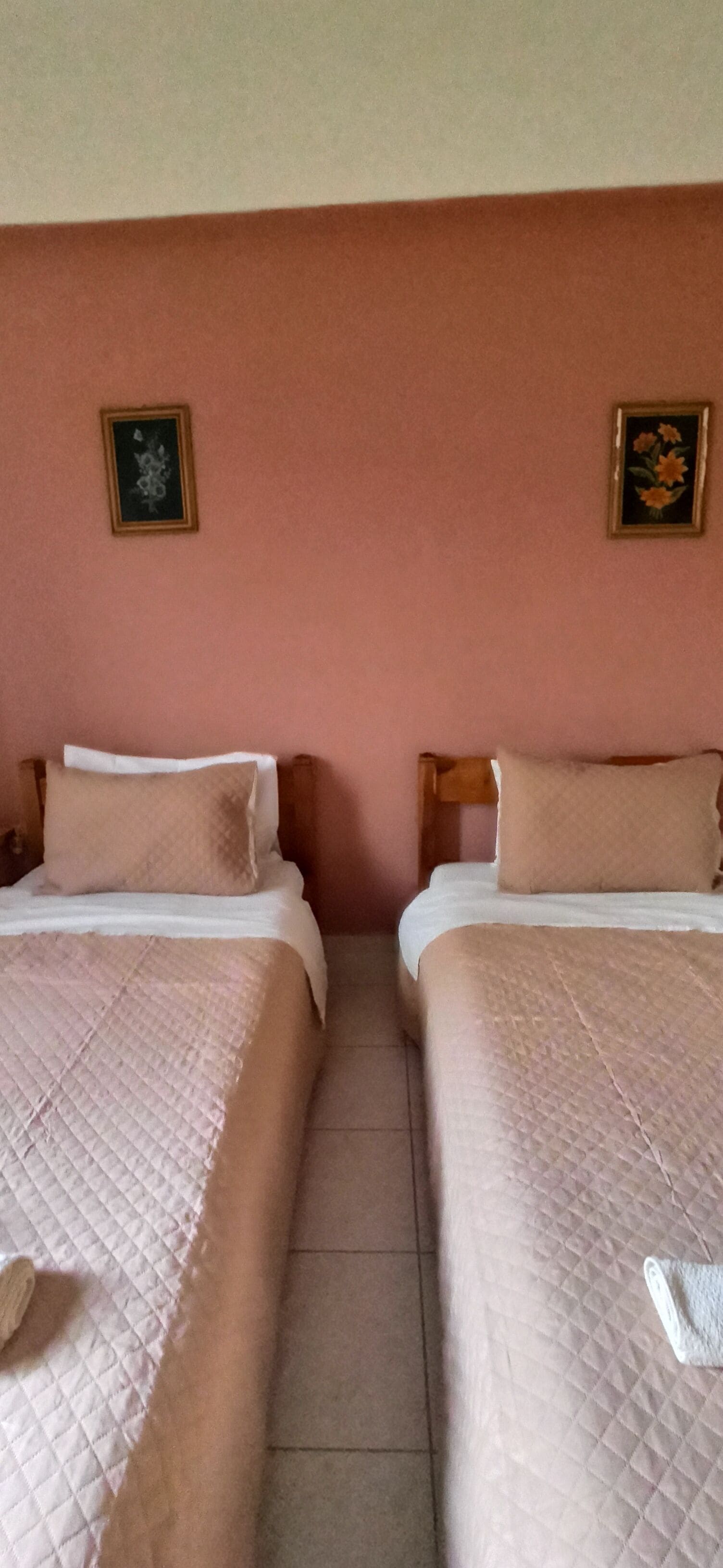 Dos camas individuales con cabeceras y pies de cama a juego, una colcha acolchada y un pequeño cuadro en la pared.