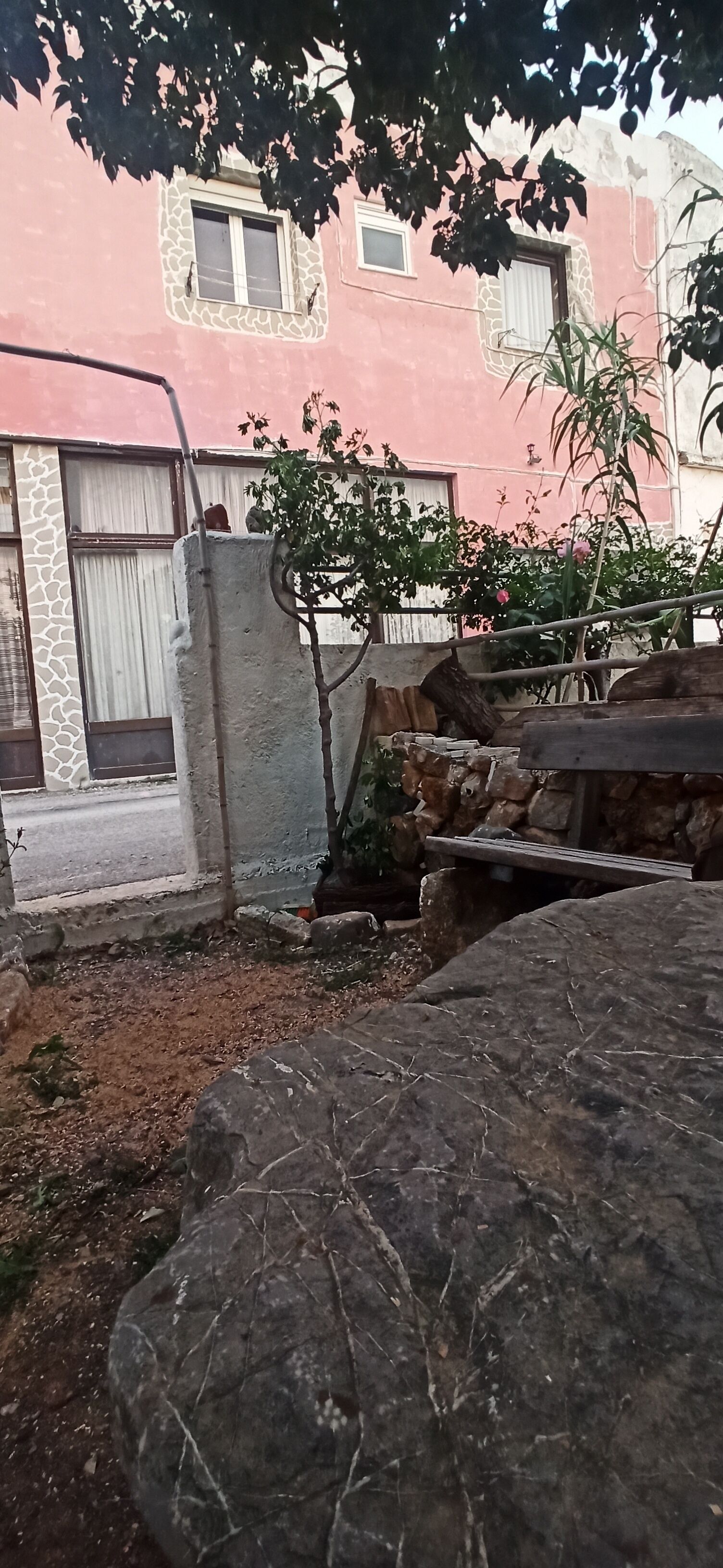 A courtyard with a large rock, a tree, and a pink building with stone accents.