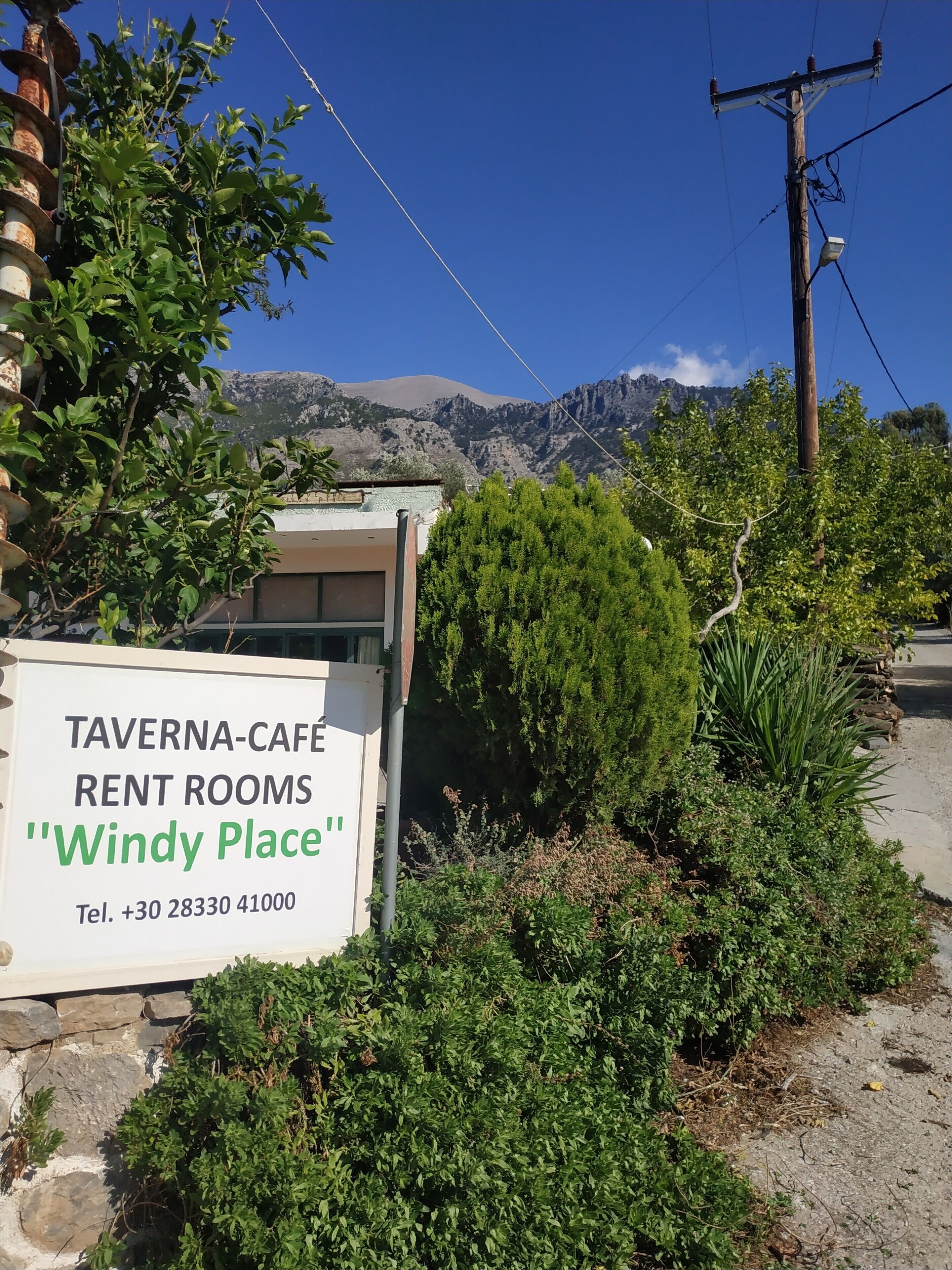 A sign for a tavern-cafe with rent rooms named "Windy Place" and a contact number.