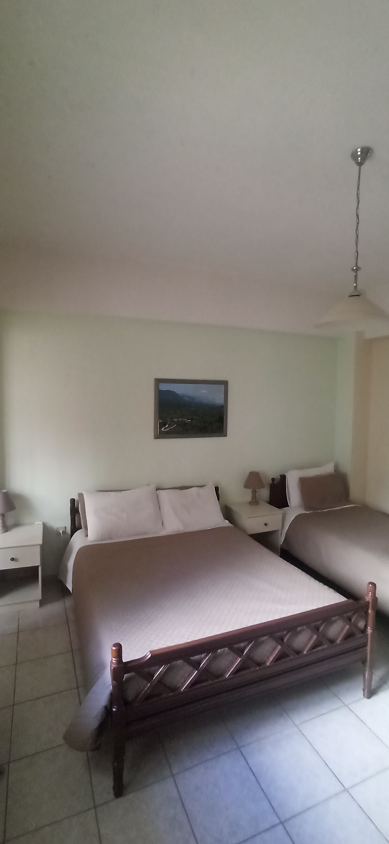 A bedroom with two beds, a nightstand, a lamp, and a painting on the wall.