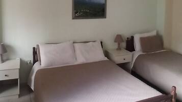 A bedroom with two beds, a nightstand, a lamp, and a painting on the wall.