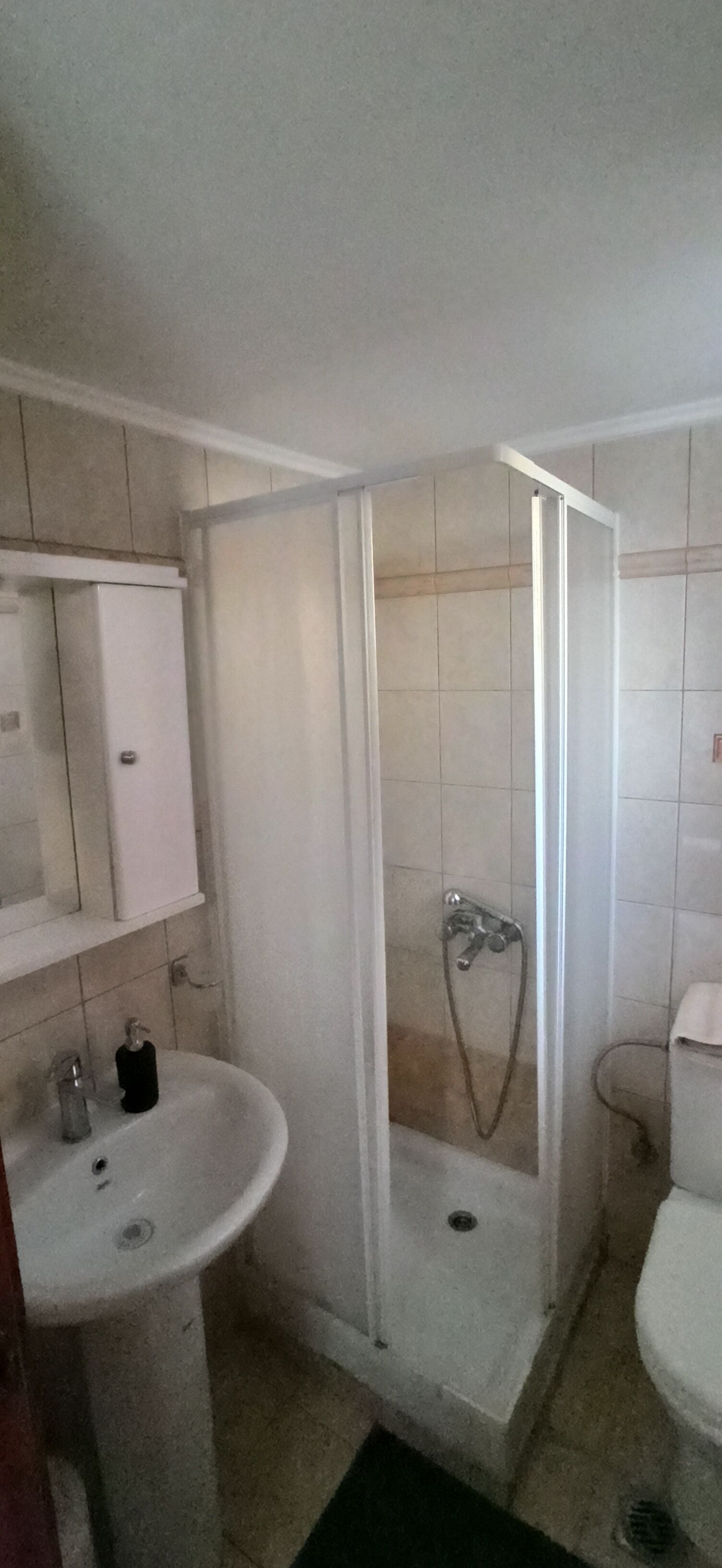Un baño con lavamanos, espejo y ducha.
