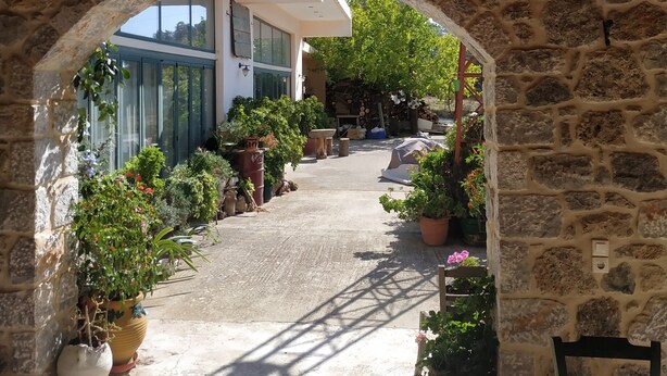 An arched stone entrance leading to a covered outdoor area with potted plants and a building in the background. - Windy Place (Amari)