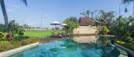 A clear swimming pool with lounge chairs and umbrellas, surrounded by greenery and a building in the background.