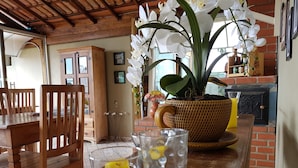 Una mesa de comedor de madera con sillas, una mesita de mimbre con un candelabro de cristal y una planta en maceta con flores blancas.