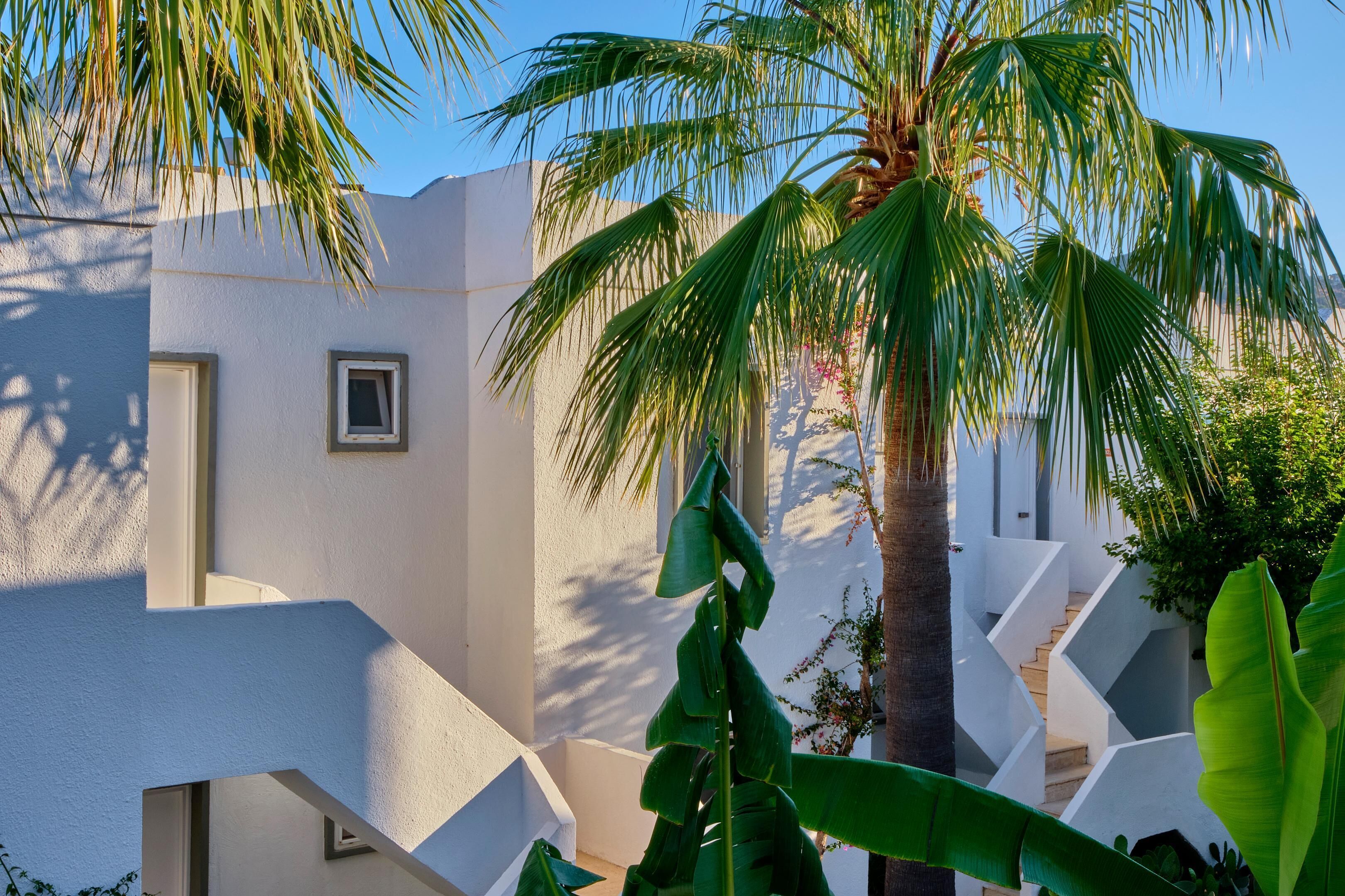 Un edificio moderno con paredes blancas y una escalera.