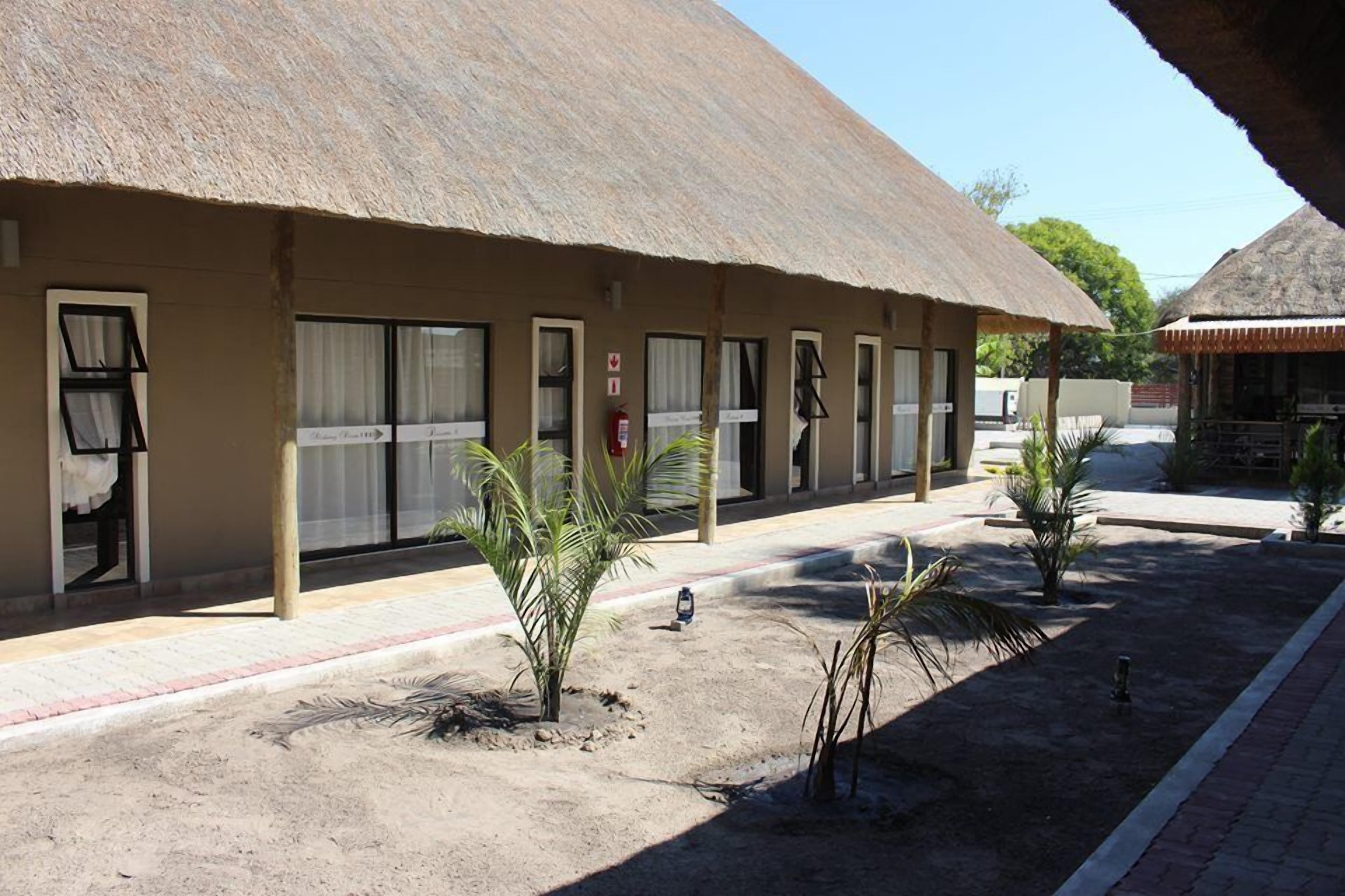 A building with a thatched roof and multiple windows, surrounded by small palm trees and a paved area.