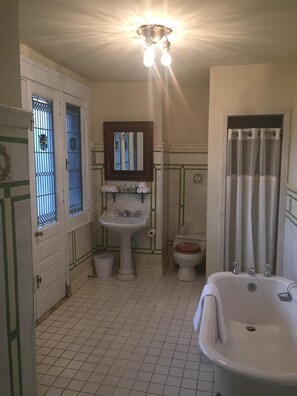 Separate tub and shower, free toiletries, bathrobes, towels