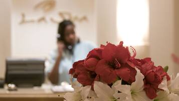A desk with a laptop and a vase of red and white flowers.