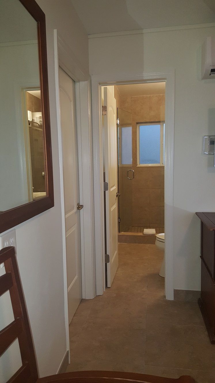 A hallway leading to a bathroom with a shower, toilet, and a mirror on the wall.