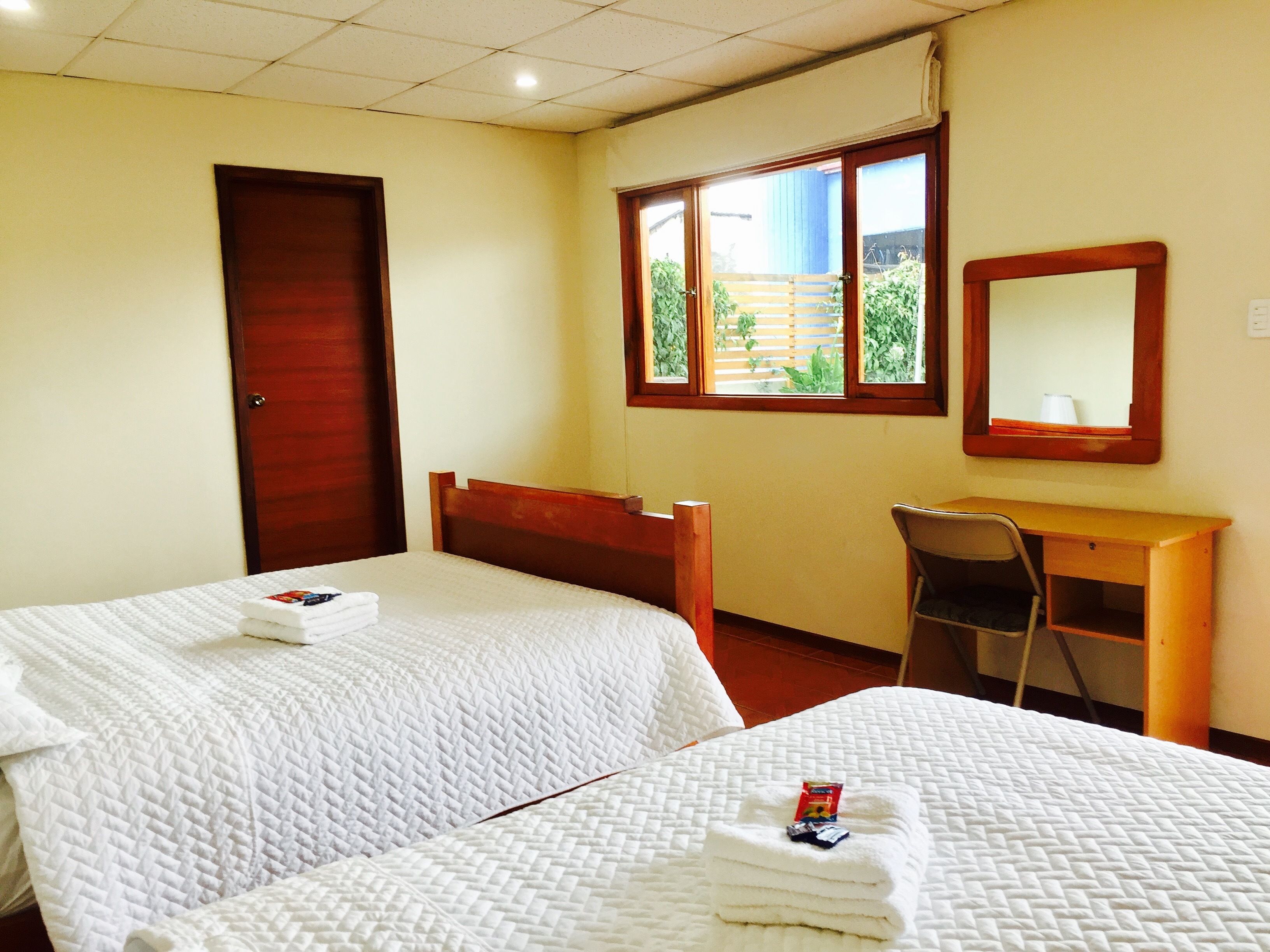 A hotel room with two beds, a desk, a chair, a window with a view of greenery, and a mirror on the wall.