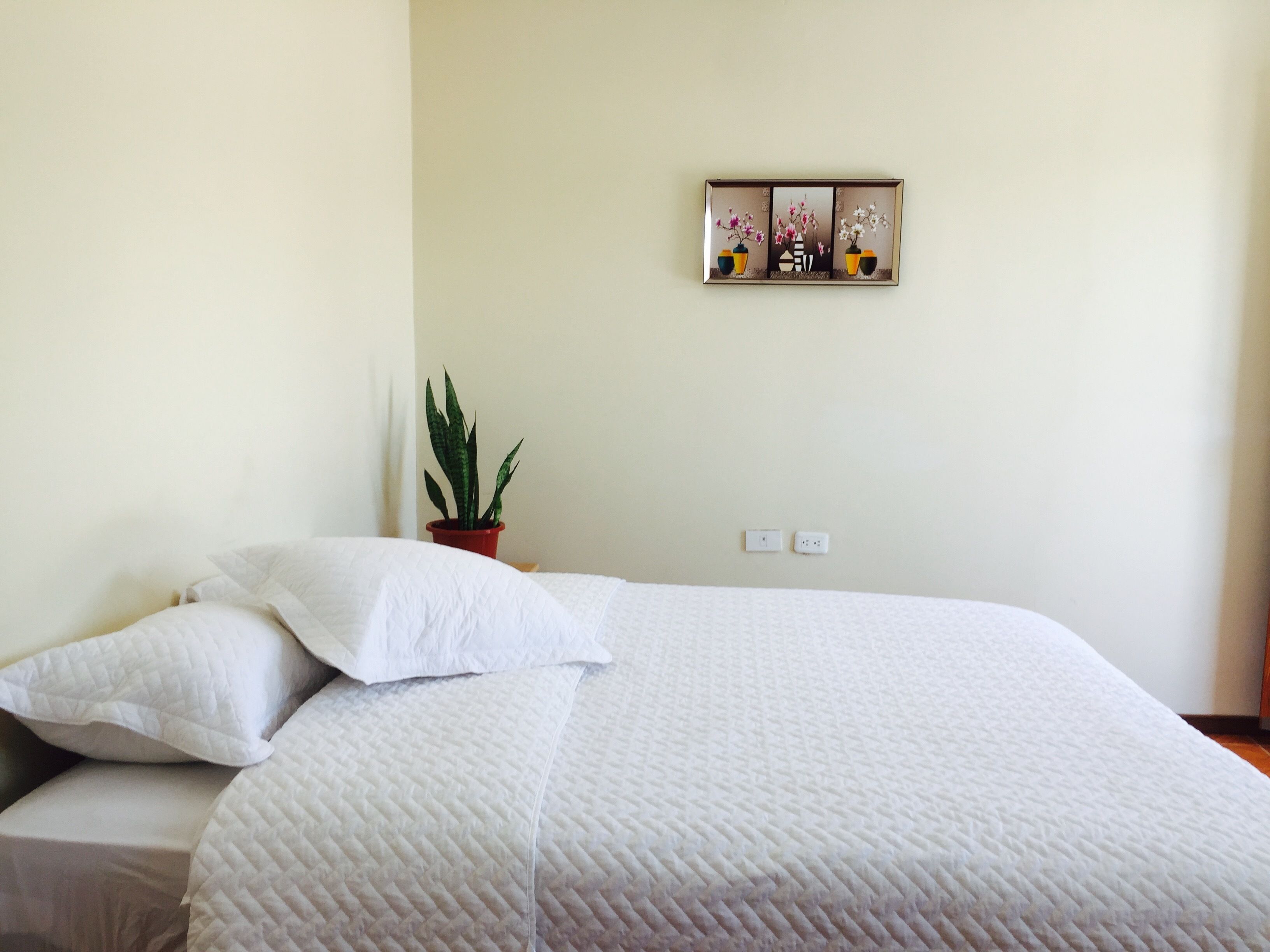 Una cama bien hecha con ropa de cama blanca, una planta en maceta al lado y un cuadro en la pared con tres obras de arte.