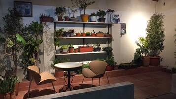 Un área de patio con una mesa redonda y dos sillas, rodeada de plantas en macetas y una estantería con diversas plantas.