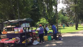 Un carrito de comida callejera con diversas frutas y bebidas, ubicado en un parque con árboles y un camino pavimentado.