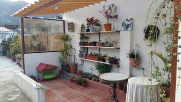 Un patio couvert agrémenté de plantes en pot, d’une petite maisonnette en bois et d’une table ronde.