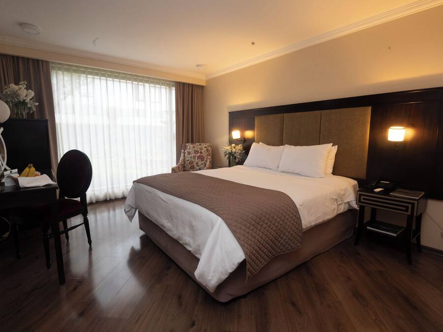 A hotel room with a large bed, a desk with a chair, a nightstand, and a lamp.