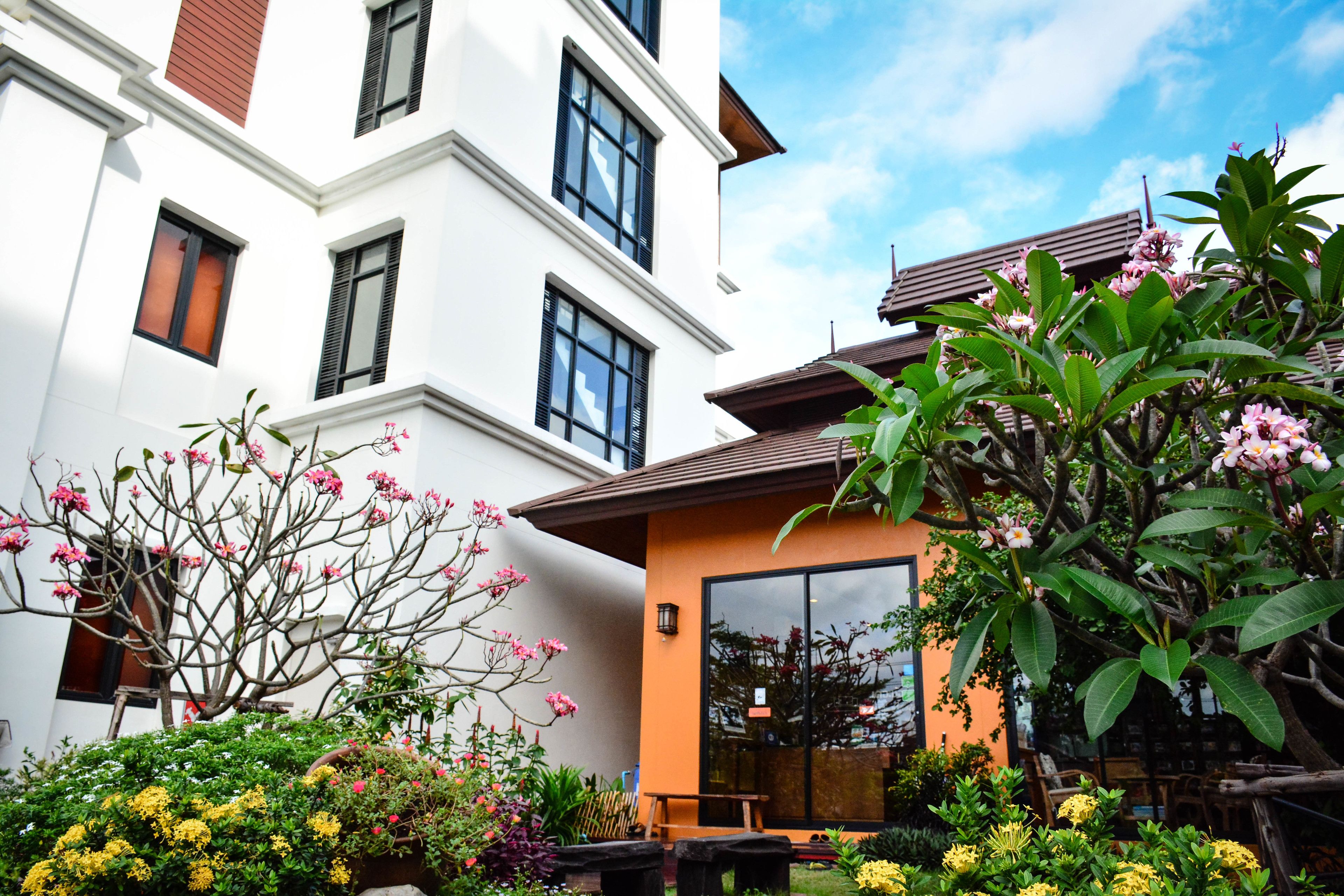 A modern building with multiple windows and a garden with various plants and flowers.