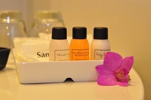 Shower, free toiletries, hair dryer, towels