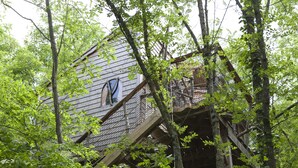 Ein Baumhaus mit Holzwänden, umgeben von üppigem Grün.