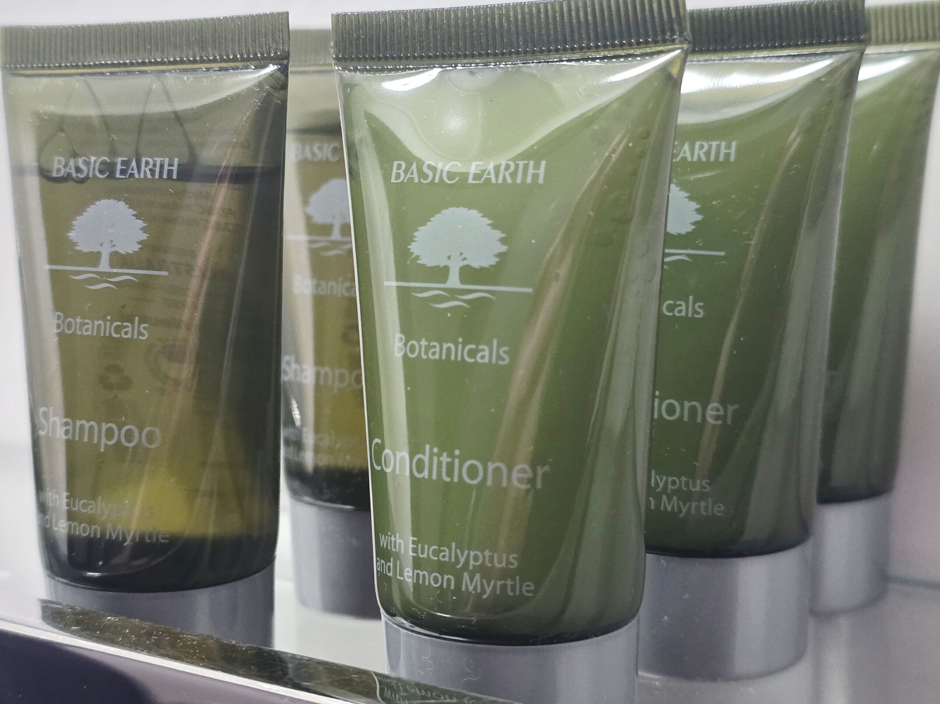 A row of Basic Earth Botanicals shampoo and conditioner bottles.