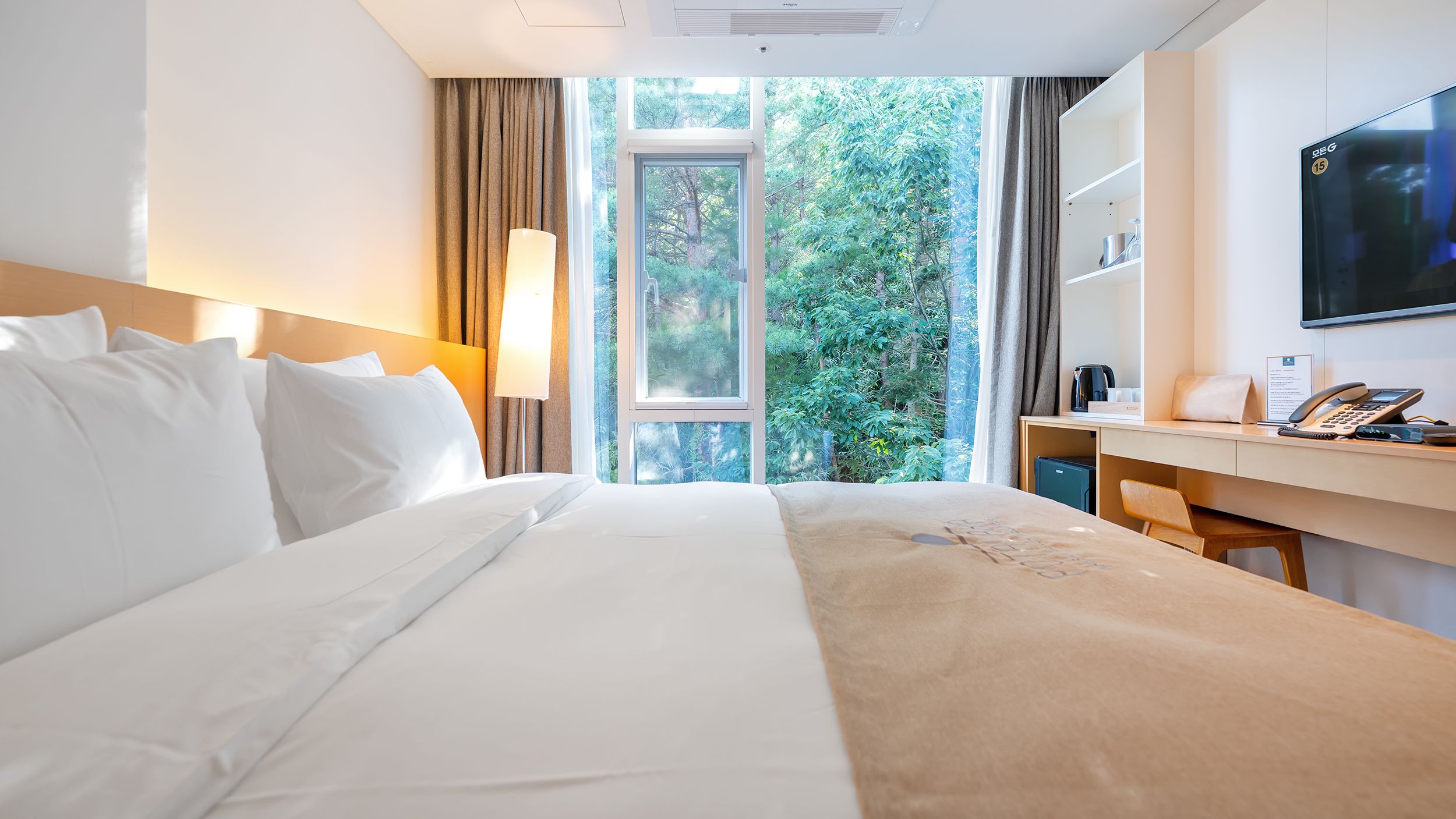 Una habitación de hotel con una cama, un escritorio con teléfono y un televisor.